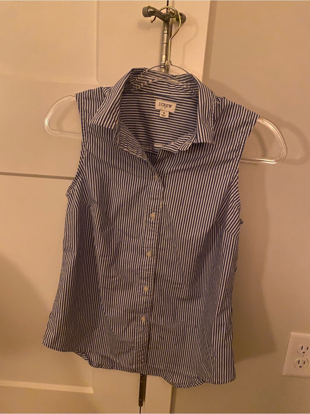 J. Crew Blue and White Striped Sleeveless Button-Down Shirt